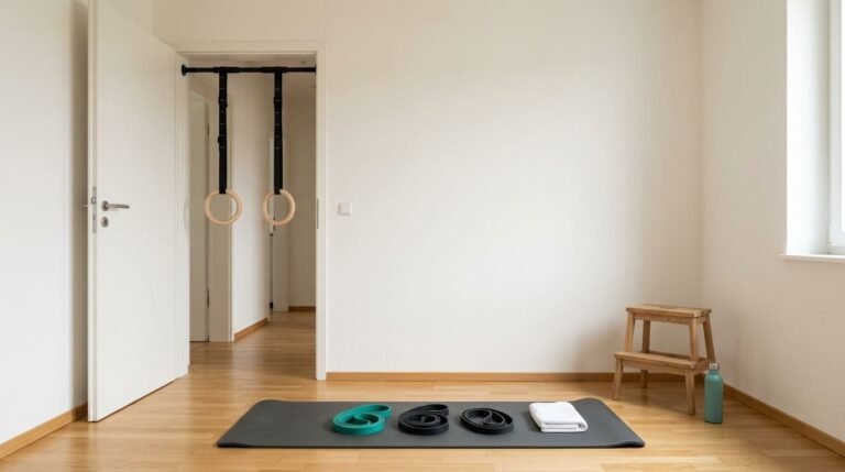Home calisthenics setup with a doorway pull-up bar, gymnastic rings, exercise mat, resistance bands and a low step