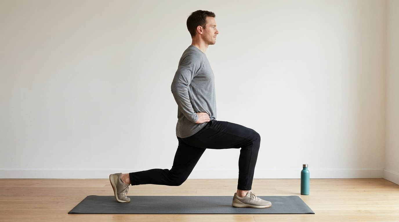 Man at the bottom of a bodyweight split squat at home, front thigh parallel to the floor and back knee just above the mat
