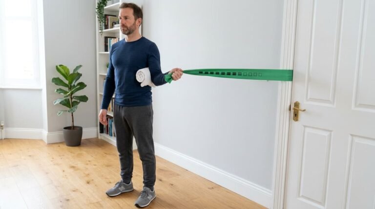 Man doing a shoulder external rotation with a flat green exercise band whose printed force indicators stretch toward squares
