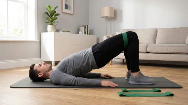 Man doing a glute bridge with a green loop band above his knees, with a small and a long loop beside the mat