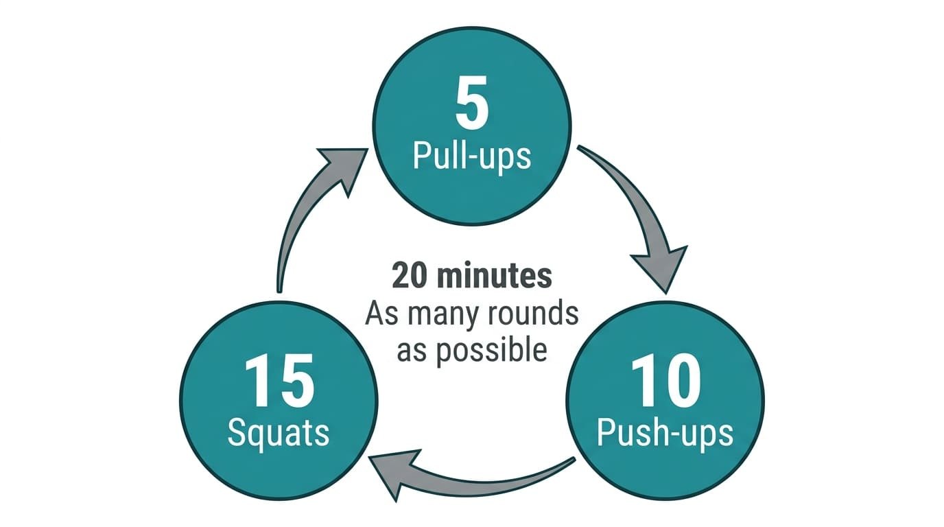 Diagram of one round of the Cindy workout: 5 pull-ups, 10 push-ups and 15 squats, repeated for 20 minutes