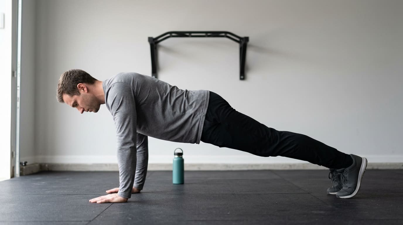 Man holding the top position of a push-up in a garage gym with a pull-up bar on the wall behind him