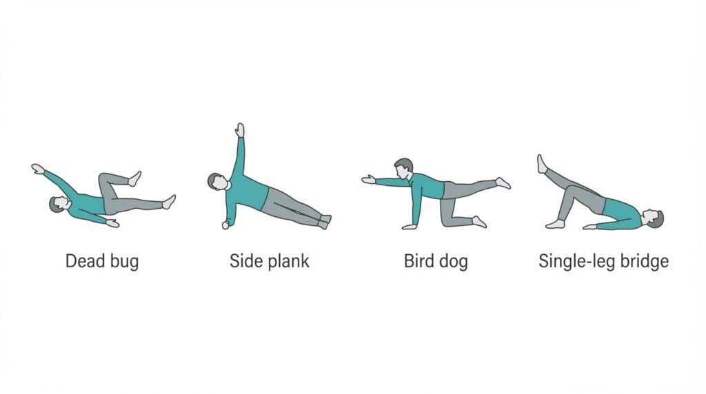 Four core exercises for runners: dead bug, side plank, bird dog and single-leg glute bridge