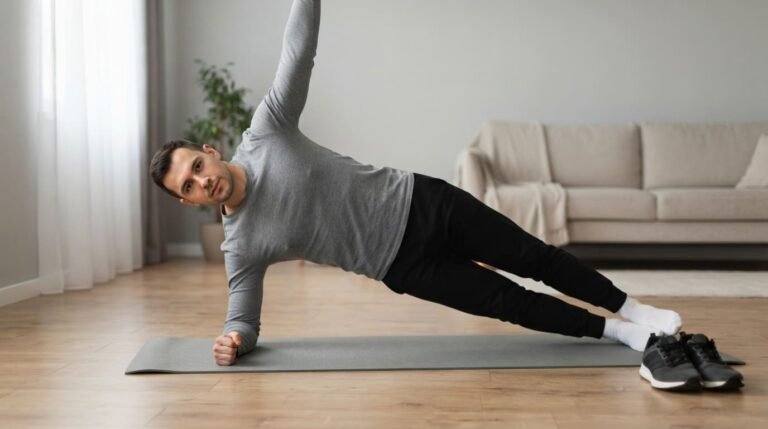 Man holding a side plank on a mat at home, one of the core exercises for runners