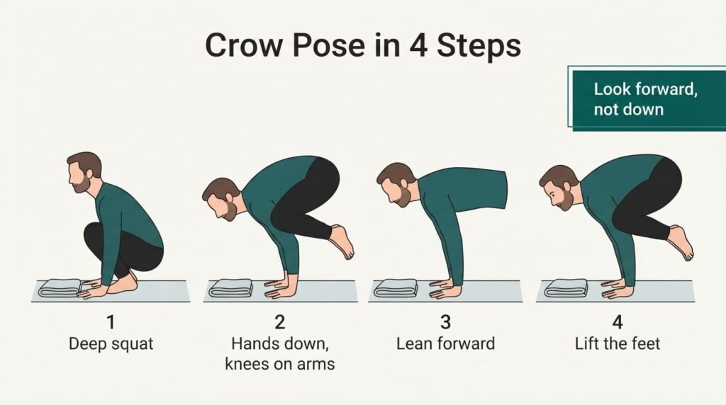 Four steps to crow pose for beginners: deep squat, hands down with knees on arms, lean forward with toes down, then lift the feet