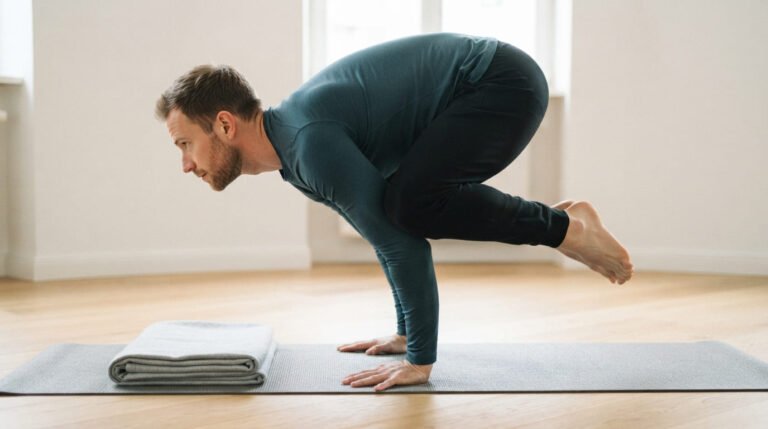 Man balancing in crow pose with knees on the backs of his arms and feet lifted, the move most people mean by the crows nest exercise
