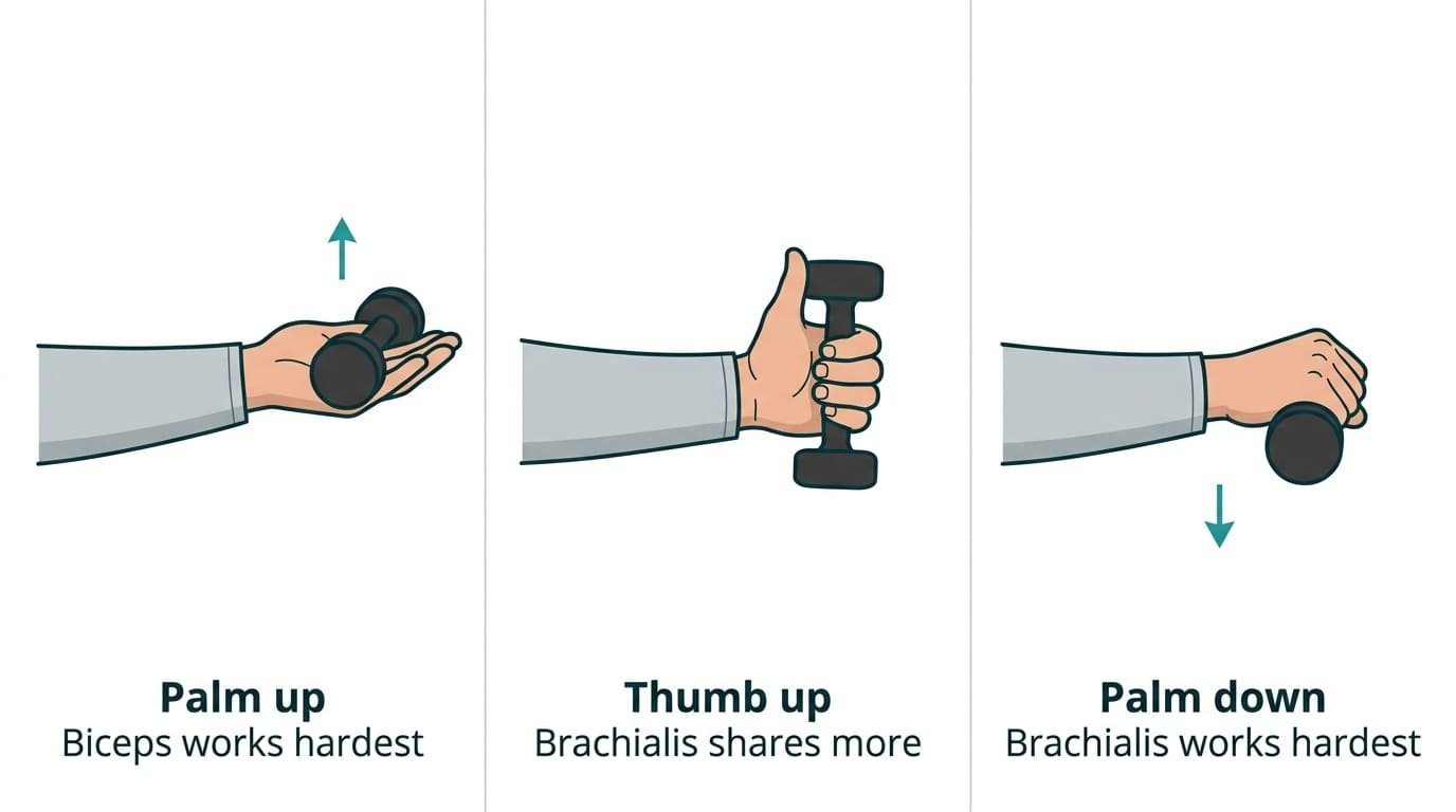 Diagram of three curl grips and the muscle each emphasises: palm up for the biceps, thumb up and palm down for the brachialis
