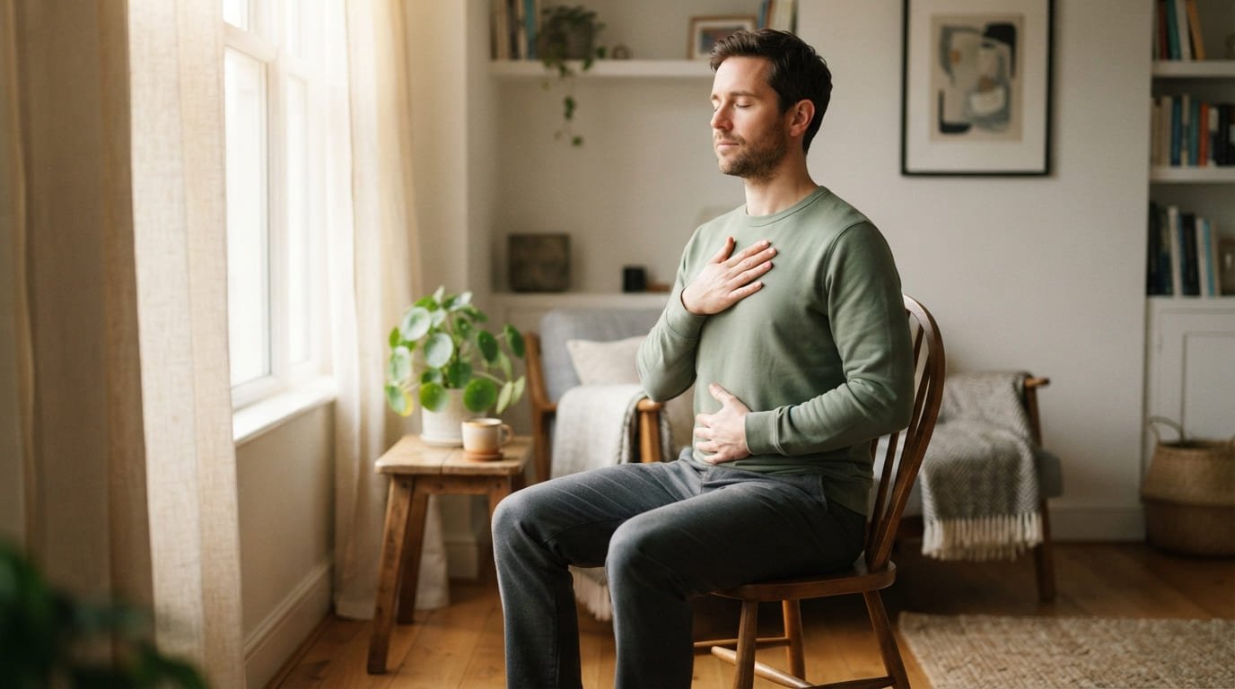 Man sitting calmly with eyes closed and one hand on his belly, practising deep breathing exercises for anger