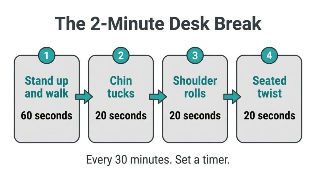The 2-minute desk break: walk for 60 seconds, then chin tucks, shoulder rolls and a seated twist, every 30 minutes
