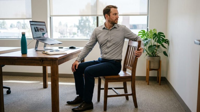 Man doing a seated twist on a wooden chair beside his office desk as a quick desk exercise