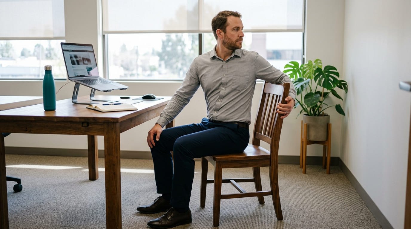 Man doing a seated twist on a wooden chair beside his office desk as a quick desk exercise