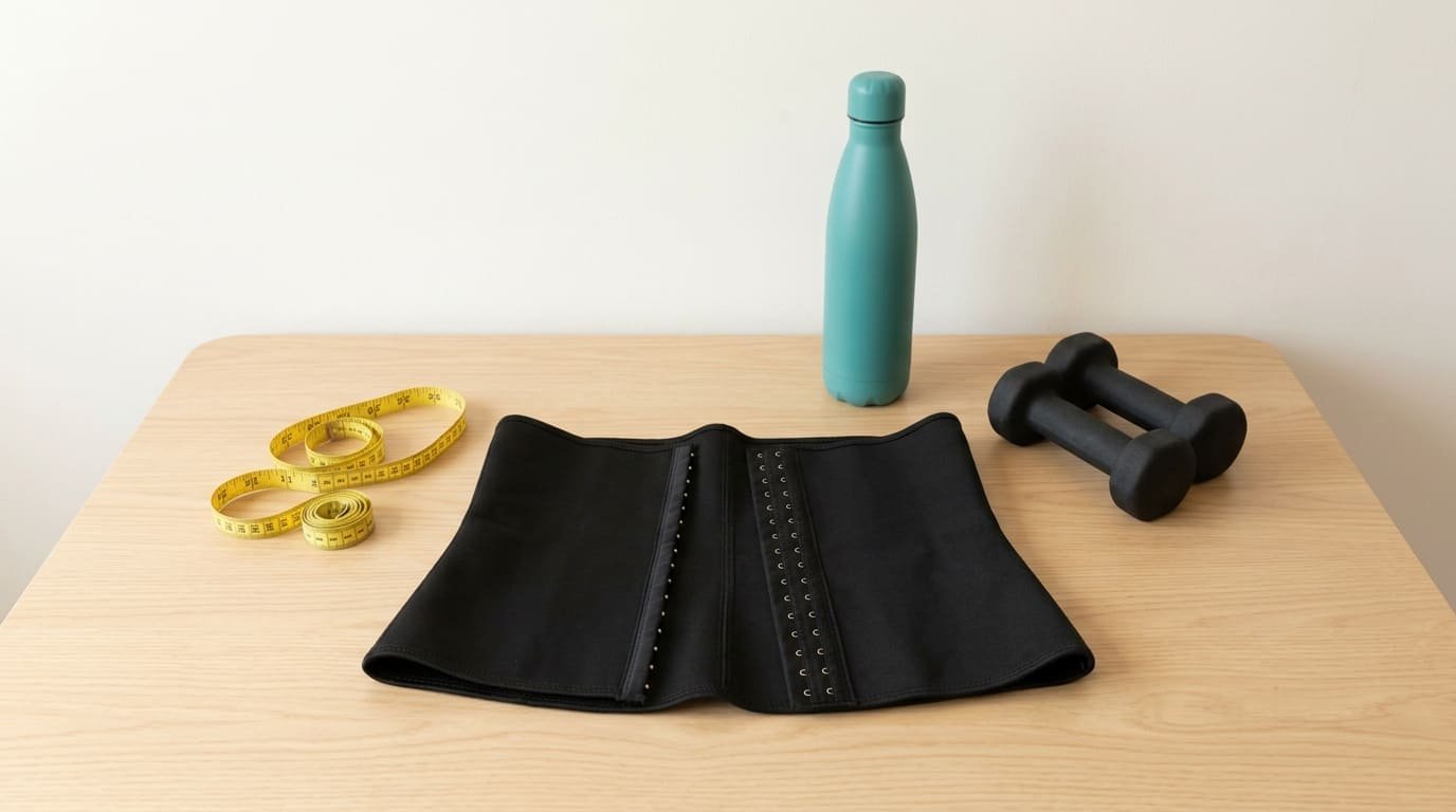 A black waist trainer lying on a wooden table beside a tape measure, a pair of dumbbells and a water bottle