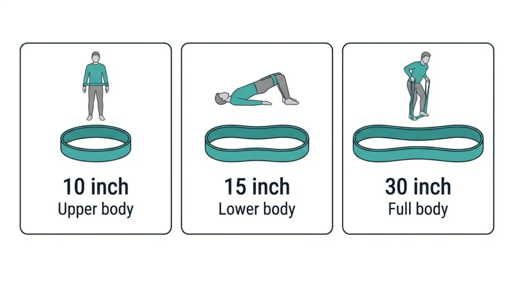 Diagram of the three loop sizes: a 10 inch loop for upper body, a 15 inch loop for lower body and a 30 inch loop for full-body exercises