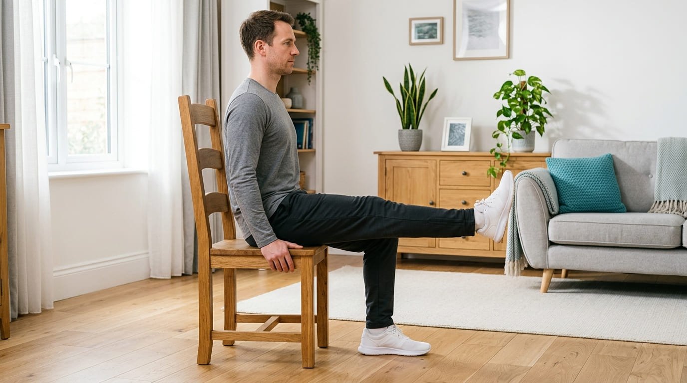 Man doing a seated knee extension on a wooden chair at home to strengthen the thigh muscles around the knee