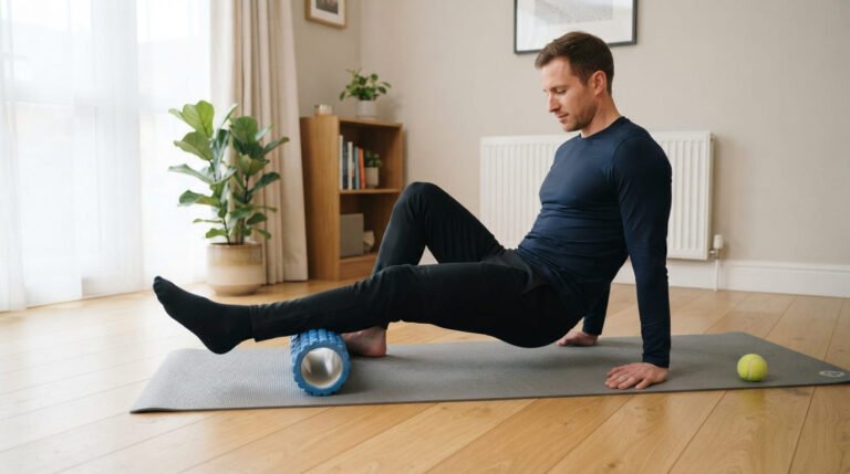 Man rolling his calf slowly on a foam roller on a mat at home, one of the simplest fascia release exercises
