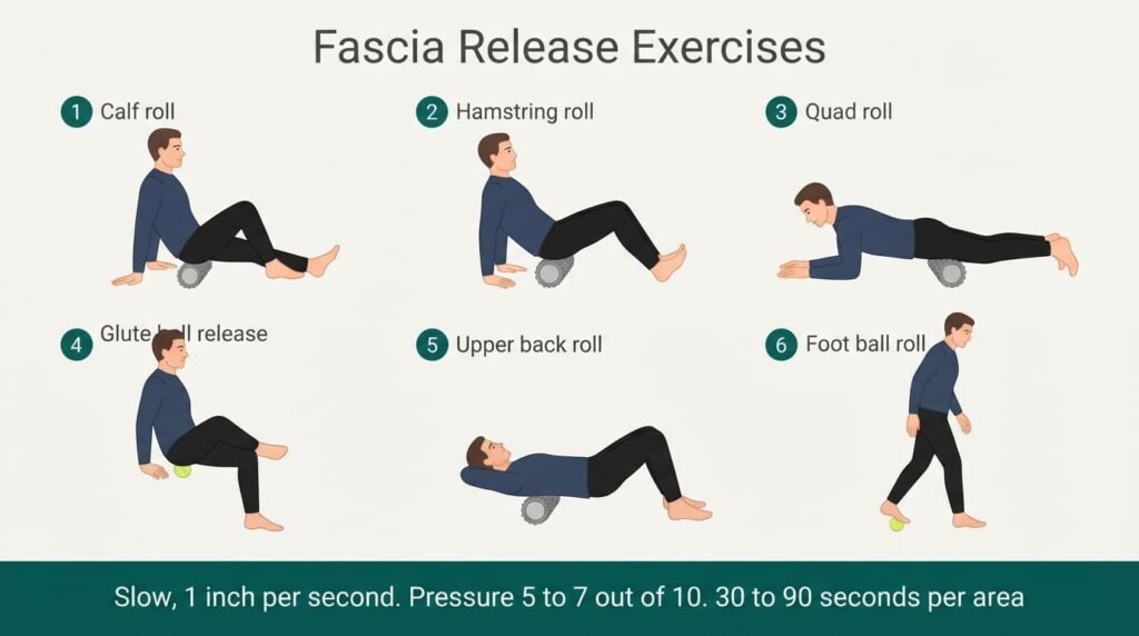 Six fascia release exercises with a foam roller and ball: calf roll, hamstring roll, quad roll, glute ball release, upper back roll and foot ball roll