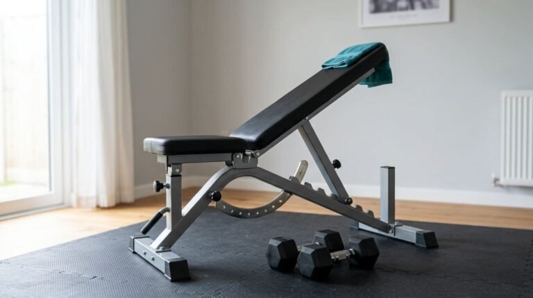 Adjustable foldable weight bench set to an incline on a rubber mat in a small home gym with a pair of dumbbells beside it