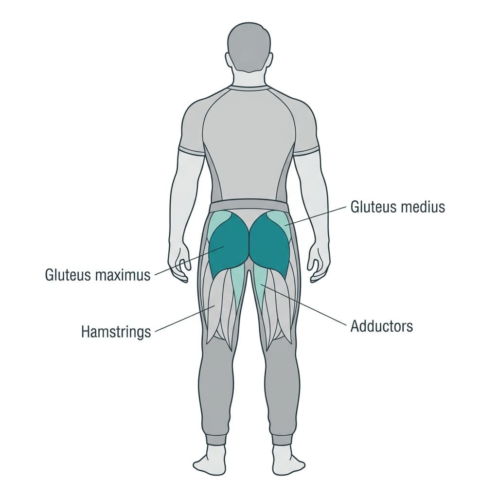 Back-view anatomy diagram of the muscles worked by frog pumps, with the gluteus maximus highlighted and the gluteus medius and adductors shown as secondary