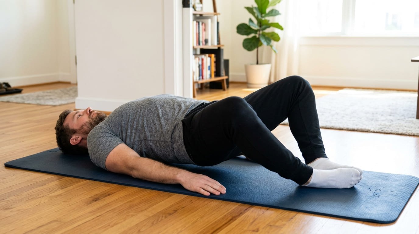 Man performing a frog pump on a mat with his feet together, knees open to the sides and hips lifted slightly