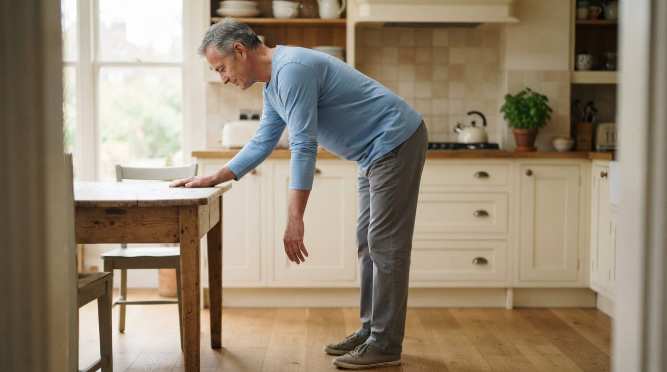 Man doing a gentle pendulum exercise, leaning on a table with his arm hanging loosely, one of the first frozen shoulder therapy exercises