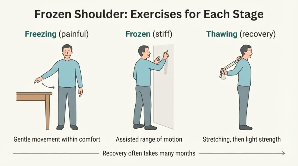 The three stages of frozen shoulder, freezing, frozen and thawing, with the gentle exercises suited to each stage