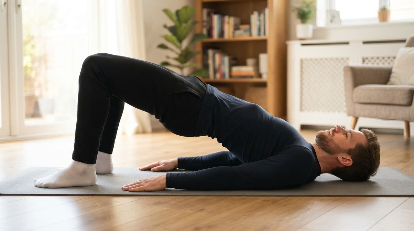 Man performing a glute bridge exercise on a mat with hips lifted and body in a straight line