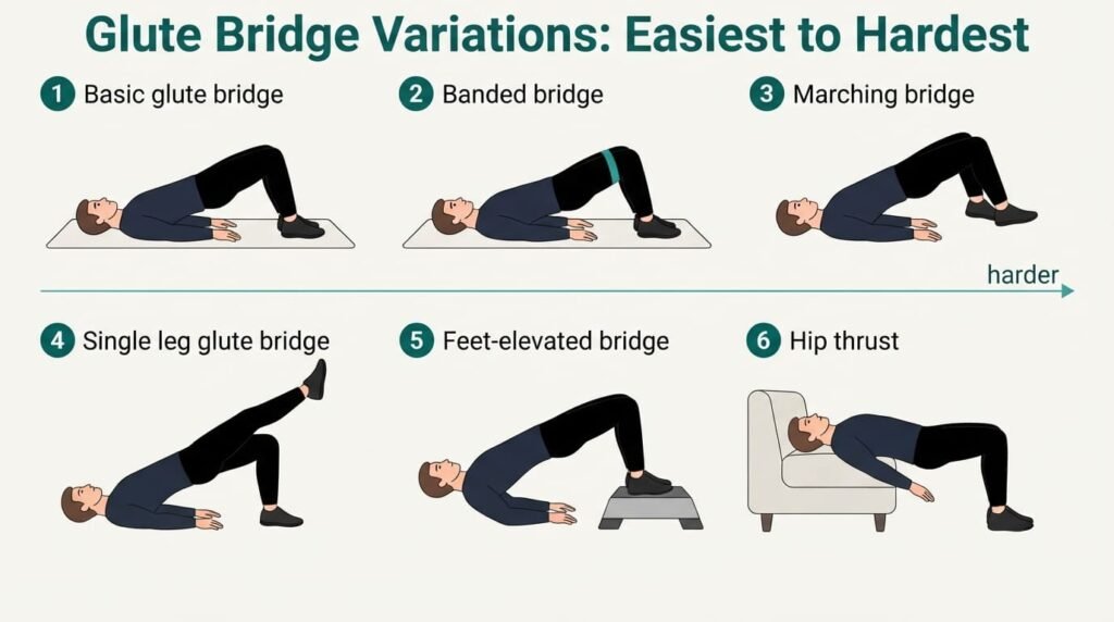 Six glute bridge variations from basic glute bridge to hip thrust, arranged from easiest to hardest