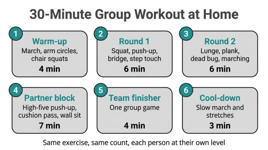 30-minute group workout at home in six blocks: warm-up, round 1, round 2, partner block, team finisher and cool-down