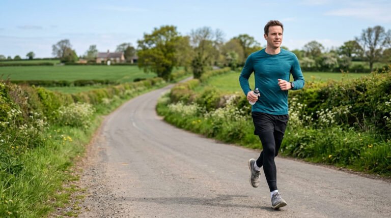 Man on a long training run along a quiet country road, carrying a small water bottle