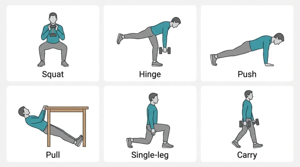 Six movement patterns for home strength training: squat, hinge, push, pull, single-leg and carry
