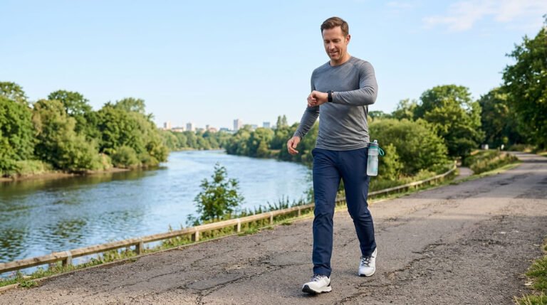 Man walking briskly on a riverside path and checking his watch to time a mile