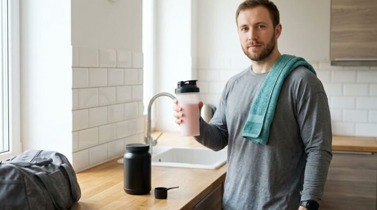 Man holding a shaker bottle of pre-workout drink in his kitchen before training