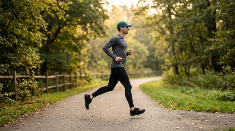 Man running along a tree-lined park path in the early morning while training for a marathon
