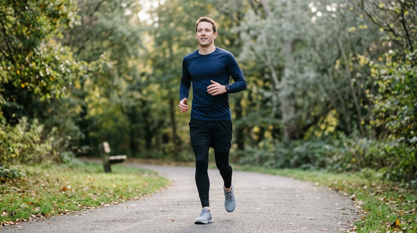 Man running at an easy, relaxed pace with an open chest and loose shoulders, breathing steadily Placement
