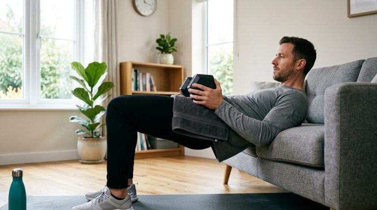 Man performing a dumbbell hip thrust with his upper back against a sofa to build the glute muscles