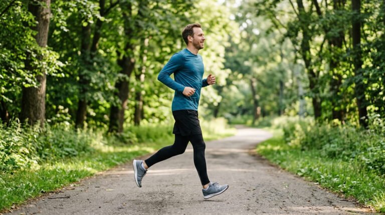 Man jogging at an easy, relaxed pace on a tree-lined park path, the conversational effort that builds running endurance
