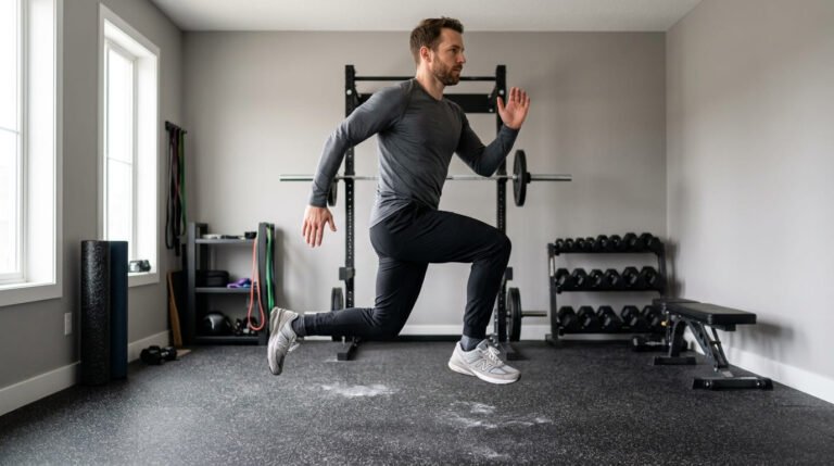 Man in the air during a jump lunge in a home gym, torso upright and arms swinging