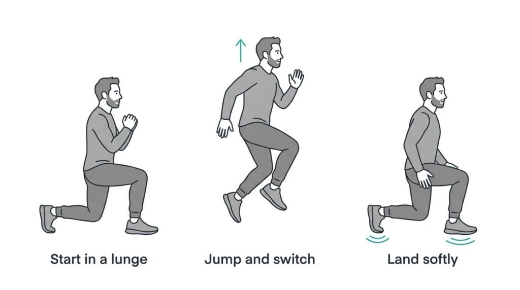 Three-step jump lunge illustration: start in a lunge, jump straight up, then land softly back in a lunge