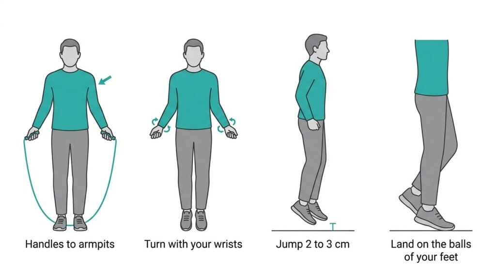 Four-panel jump rope form illustration: sizing the rope, turning it with the wrists, jumping only 2 to 3 cm and landing on the balls of the feet