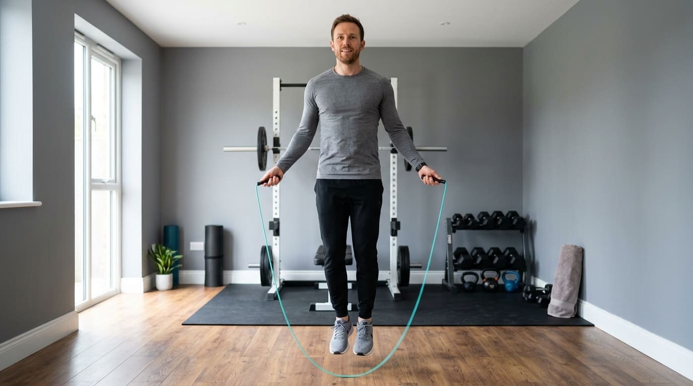 Man skipping with a teal jump rope in a home gym, elbows close to his sides and the rope passing just under his feet