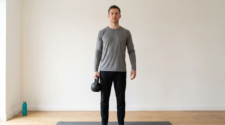 Man standing tall while holding a kettlebell in one hand at his side, the suitcase carry for core strength