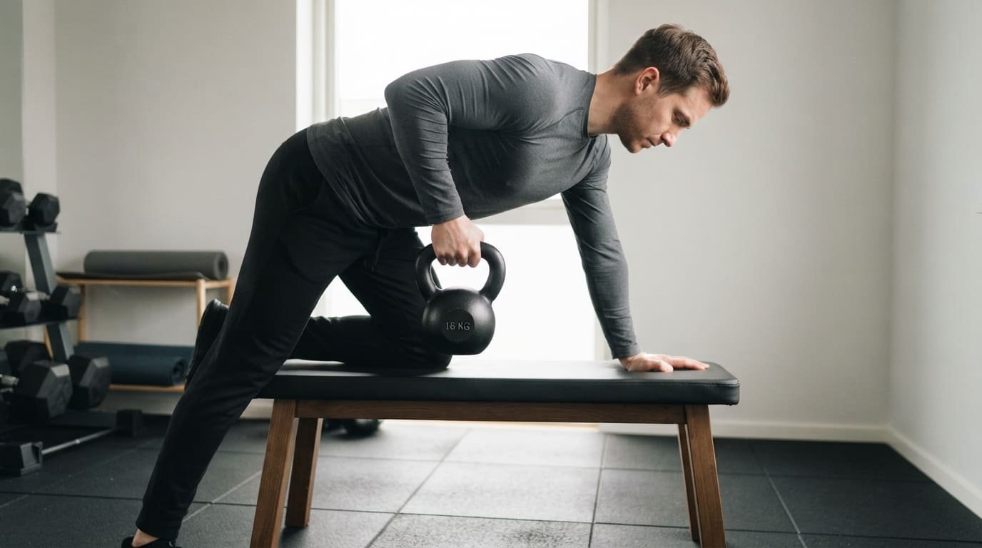 Man doing a single-arm kettlebell row with one hand and knee on a bench, a key kettlebell back exercise