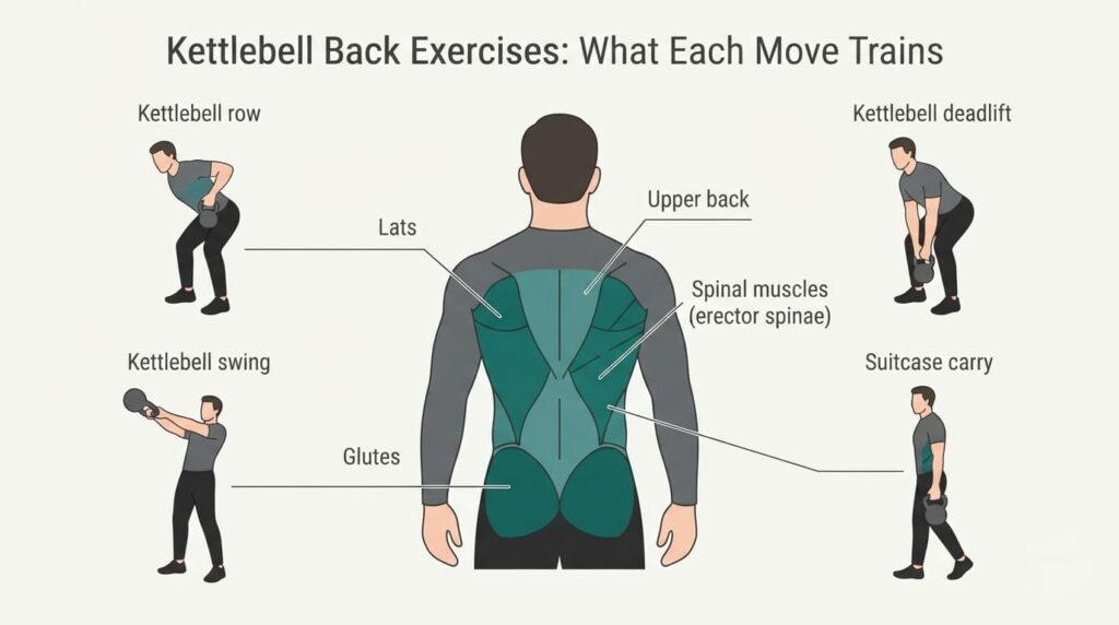 Back muscles trained by kettlebell exercises, with the row for the lats, the deadlift for the spinal muscles, the swing for the glutes and the suitcase carry for the sides of the trunk