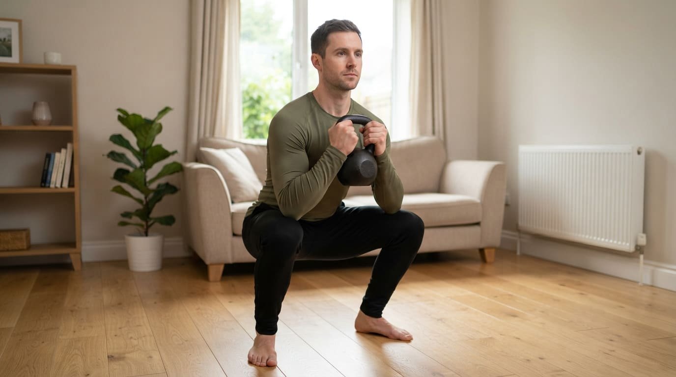 Man doing a deep goblet squat holding a kettlebell at his chest, the best starting point for kettlebell leg exercises