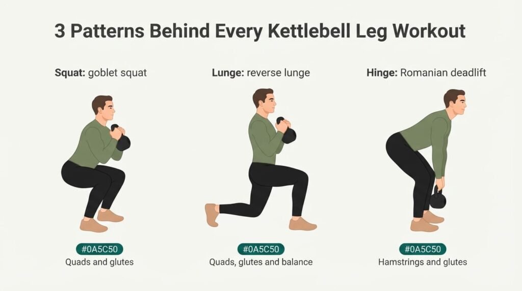 Three movement patterns for kettlebell leg exercises: squat with the goblet squat, lunge with the reverse lunge and hinge with the kettlebell Romanian deadlift