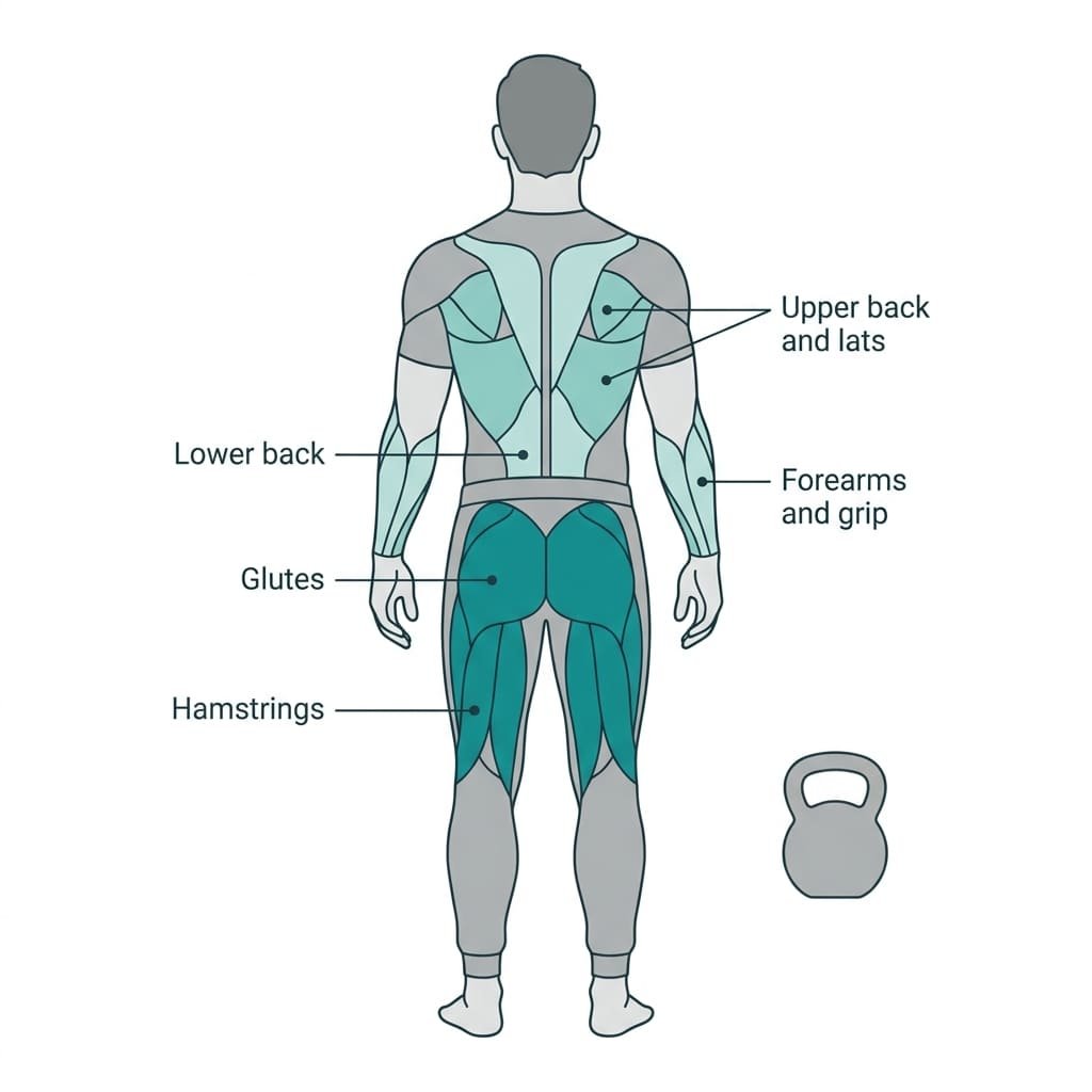 Back-view anatomy diagram of the muscles worked by the kettlebell swing, with the glutes and hamstrings highlighted and the back and forearms as secondary