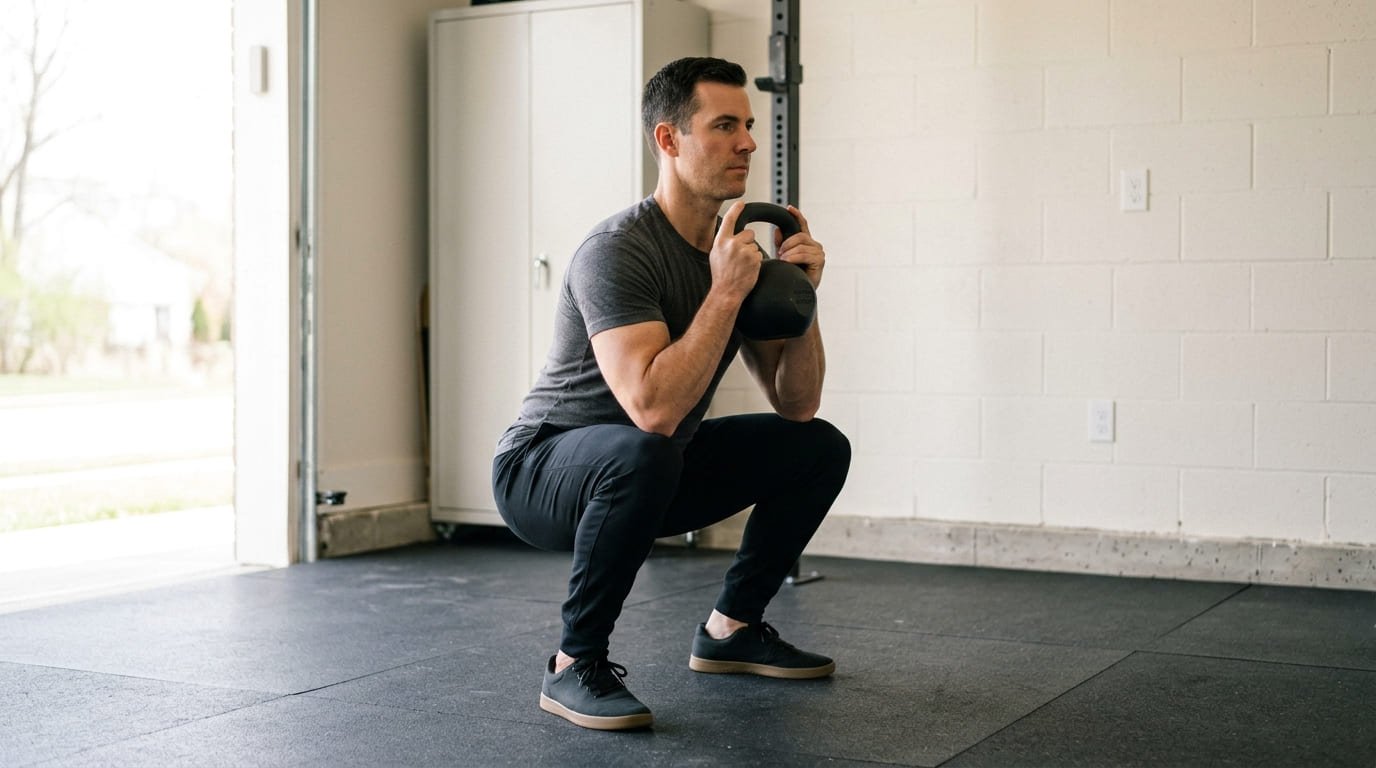 Man holding a kettlebell at his chest at the bottom of a goblet squat in a garage gym