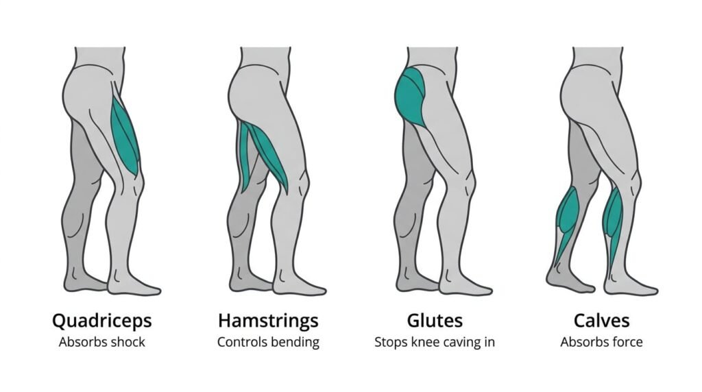 Diagram of the four muscle groups that protect the knee: quadriceps, hamstrings, glutes and calves