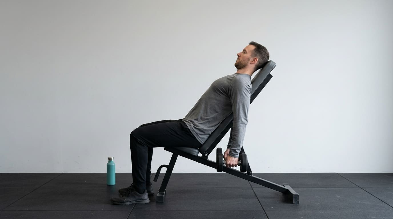 Man leaning back on an incline bench with dumbbells hanging at arm length behind his body, the start of an incline dumbbell curl