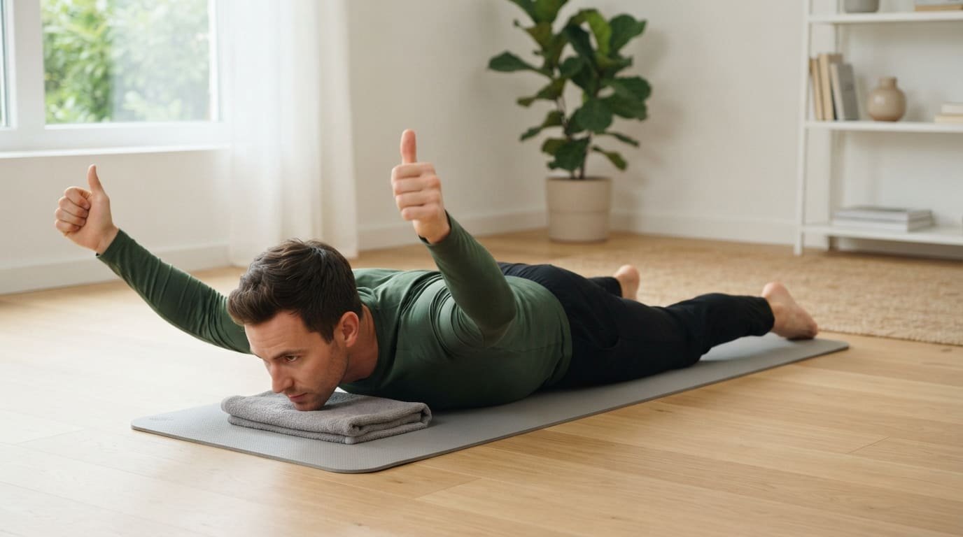 Man lying face down doing a prone Y raise with thumbs up and shoulders relaxed, the top choice among lower trap exercises